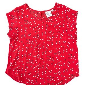 Janet Chung Red Heart Print Short Sleeve Mixed Media Blouse Top Large B4913-X168
